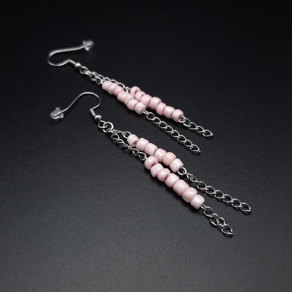 Light Pink Boho Bohemian Beaded Chain Dangle Drop Earrings Handmade Jewelry - Picture 3 of 7